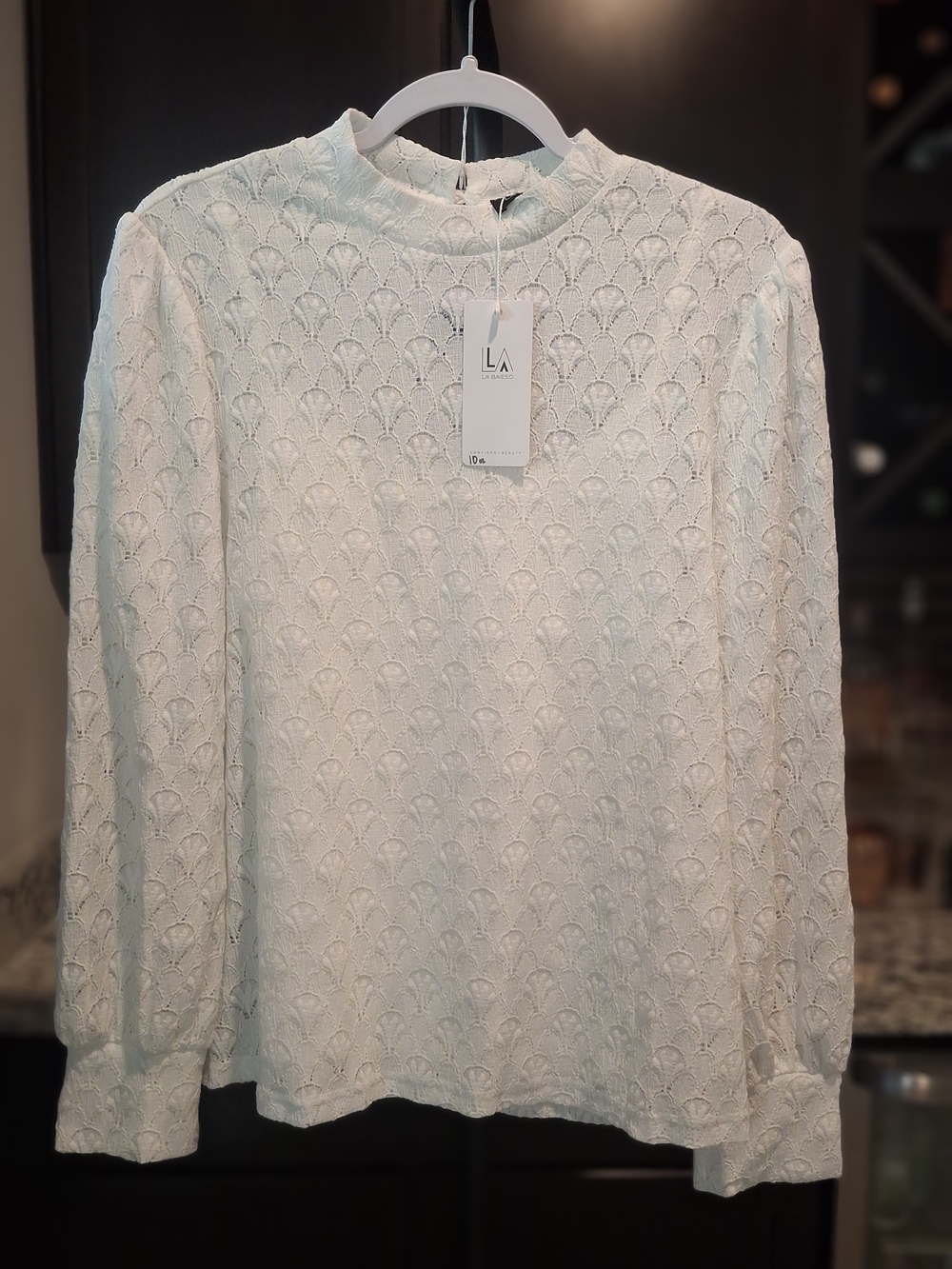Women's LA BAIESO Lace Long-Sleeve Mock Neck Top in White Size Small
